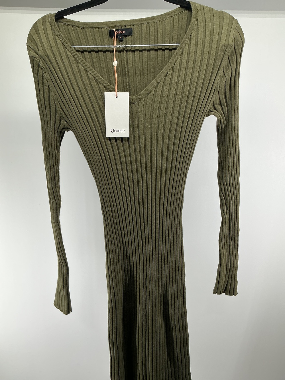 Cotton Cashmere Ribbed Long Sleeve V-Neck Midi Dress